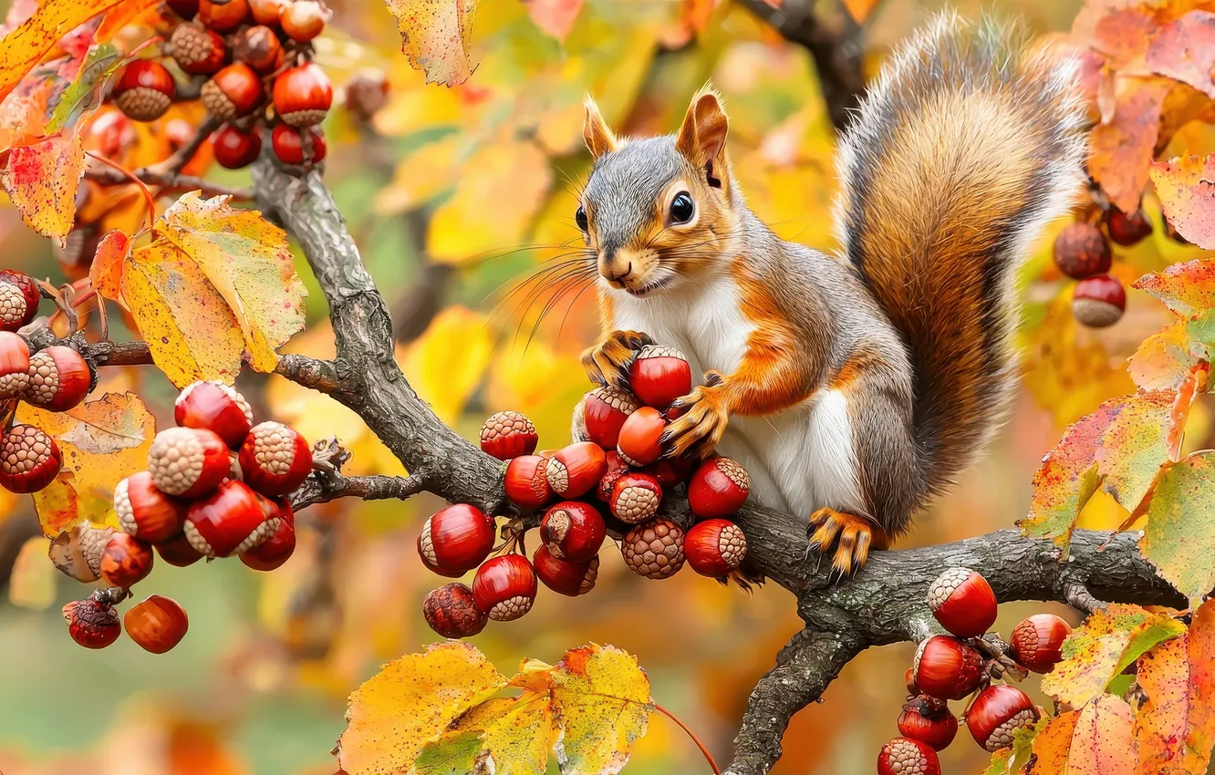Photo wallpaper autumn, look, trees, branches, foliage, protein, fruit, face