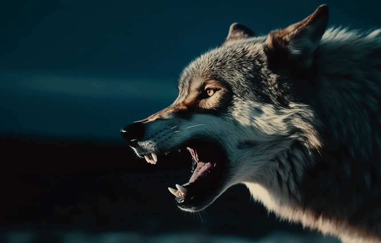 Photo wallpaper face, wolf, mouth, grin, profile, digital art, AI art, The Art of Artificial Intelligence