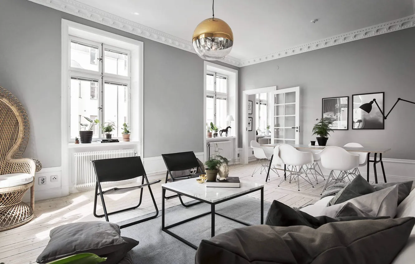 Photo wallpaper interior, living room, dining room, Scandinavian style, Apartment in Stockholm