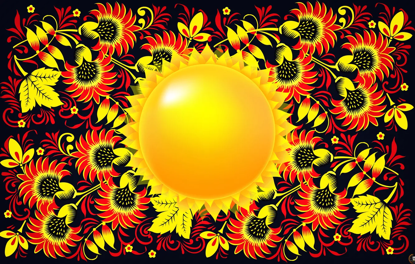 Photo wallpaper the sun, stars, flowers, style, background, art, painting, Khokhloma