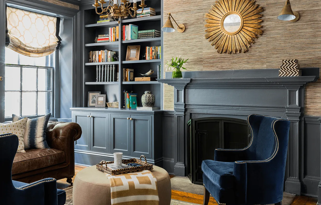 Photo wallpaper design, room, interior, fireplace, library, living room, upholstered furniture, classic english style