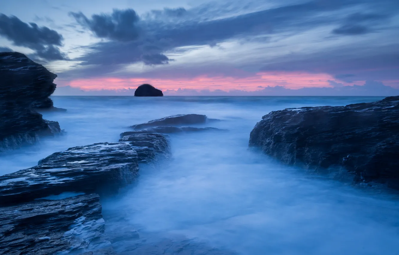 Photo wallpaper sea, clouds, rocks, glow