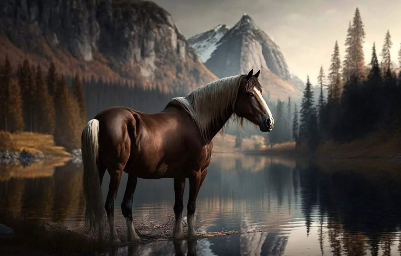 Photo wallpaper forest, landscape, mountains, nature, horse, shore, horse, graphics