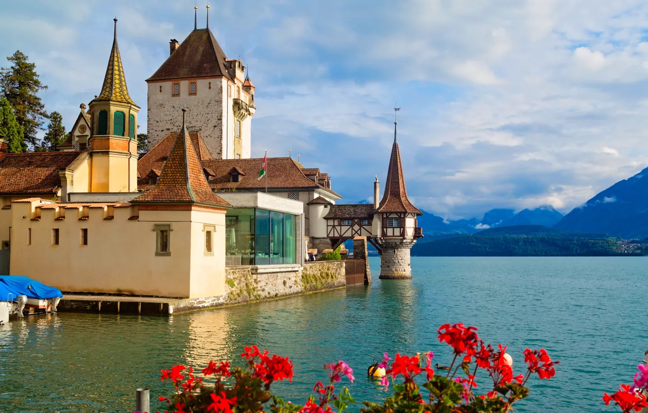 Photo wallpaper clouds, landscape, flowers, mountains, nature, Switzerland, Oberhofen Castle, Lake Thun