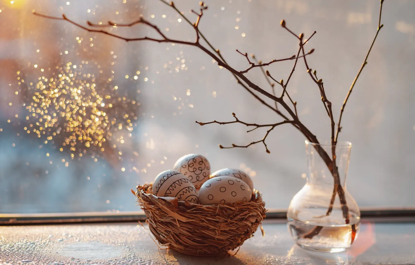 Photo wallpaper glass, light, branches, glare, sprig, holiday, pattern, eggs
