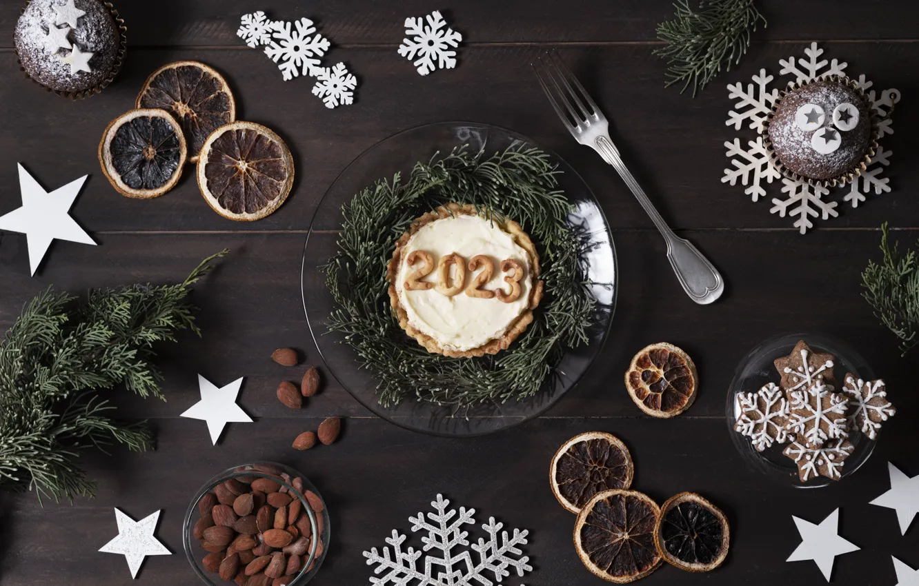 Photo wallpaper stars, snowflakes, branches, holiday, Board, new year, plate, figures