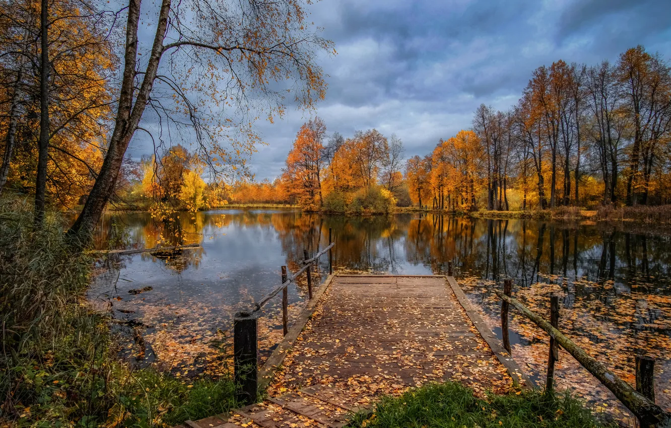 Photo wallpaper autumn, landscape, clouds, nature, pond, mostok