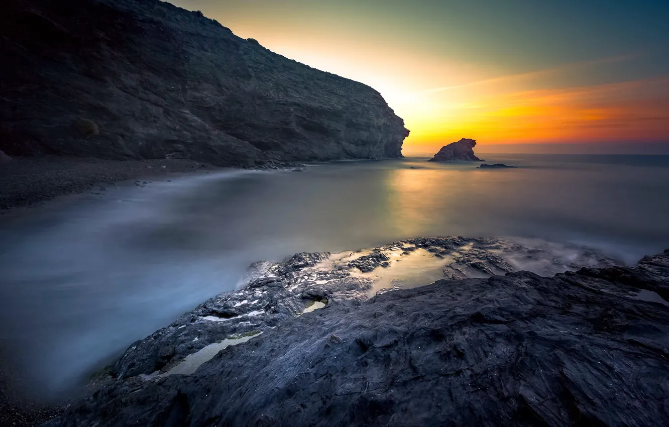 Photo wallpaper sea, landscape, sunset, rocks