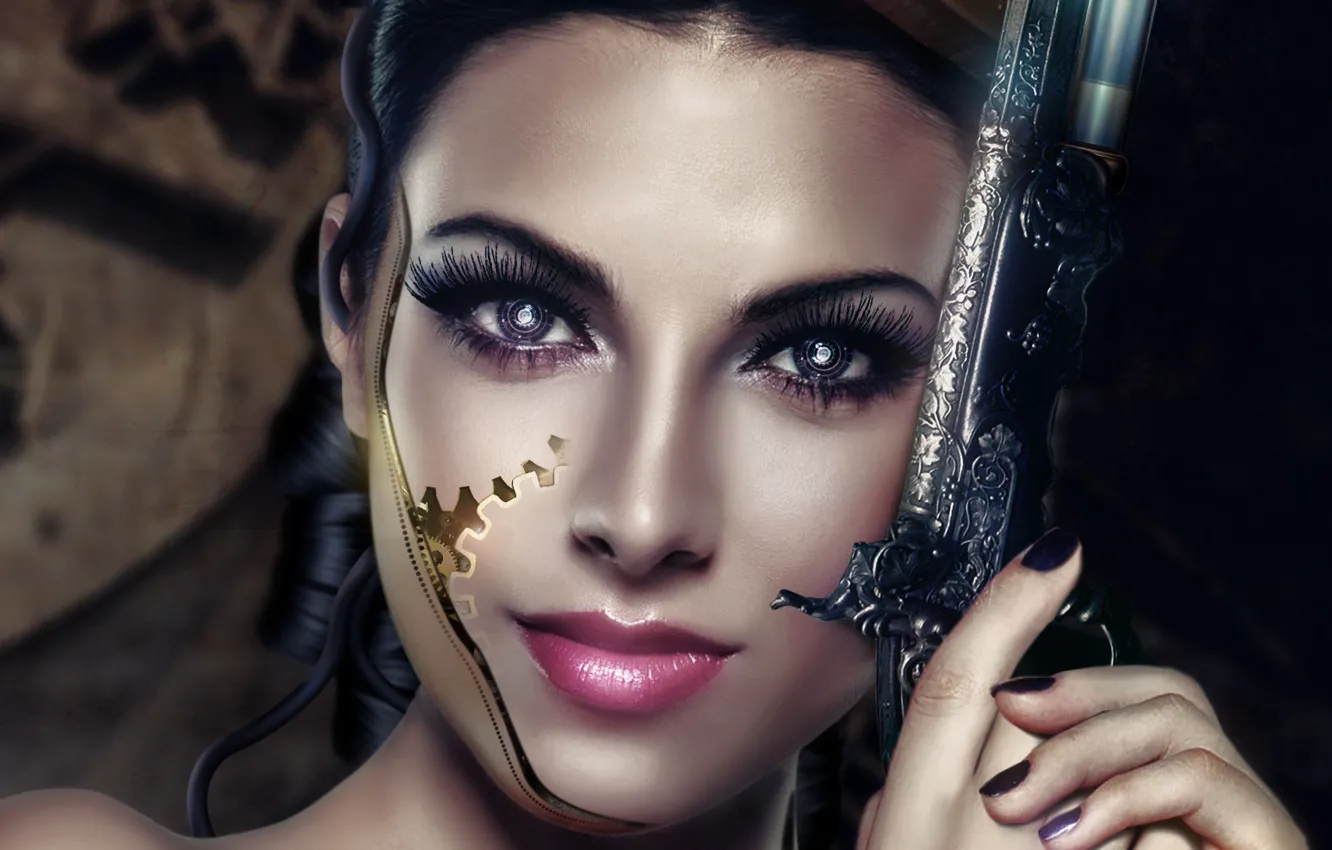 Photo wallpaper eyes, look, girl, face, weapons, pattern, hair, art