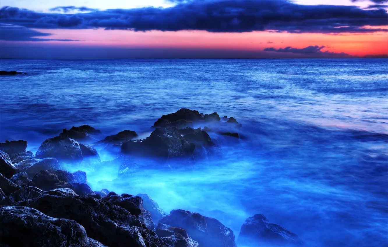 Photo wallpaper sea, the sky, clouds, sunset, stones, rocks