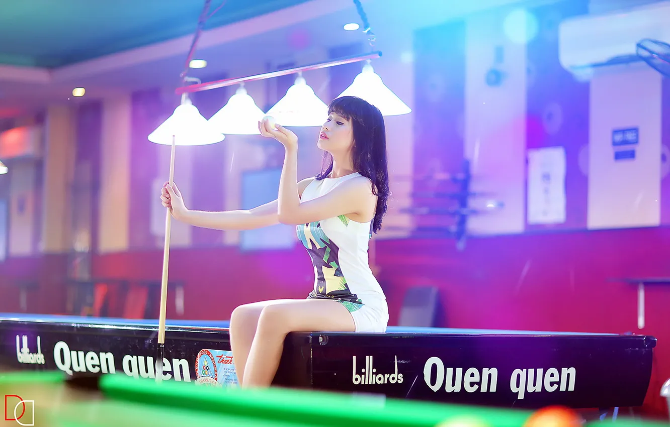Photo wallpaper girl, table, Billiards