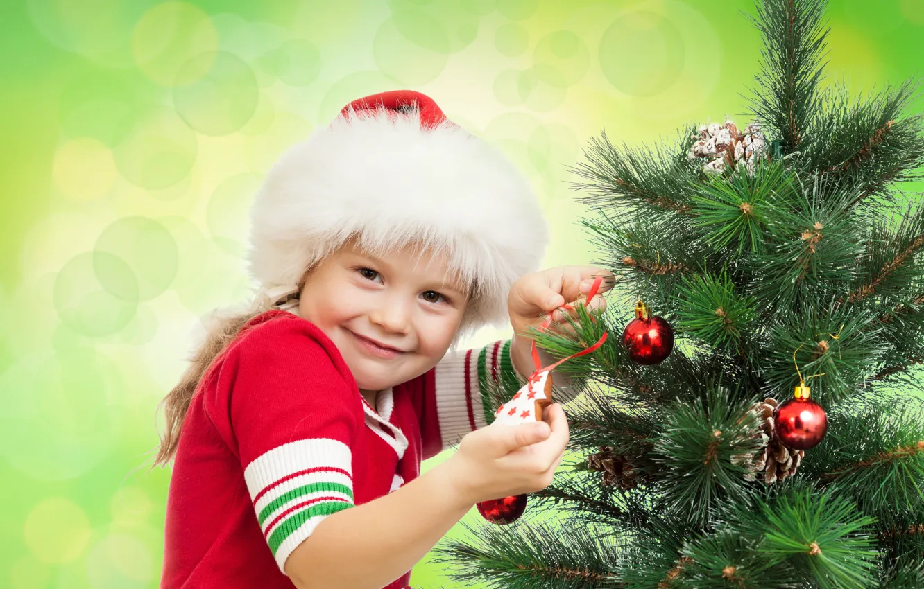 Photo wallpaper joy, smile, holiday, girl, tree, bumps, cap, Christmas decorations
