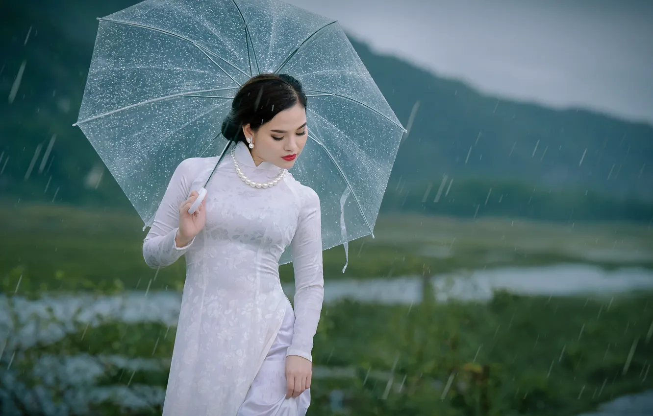 Photo wallpaper girl, umbrella, rain, dress