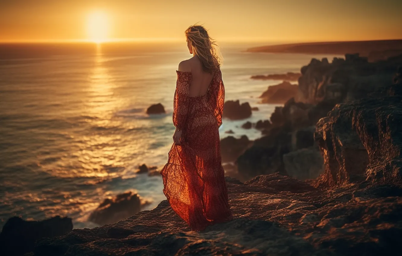 Photo wallpaper freedom, water, girl, the sun, happiness, sunset, coast, dress