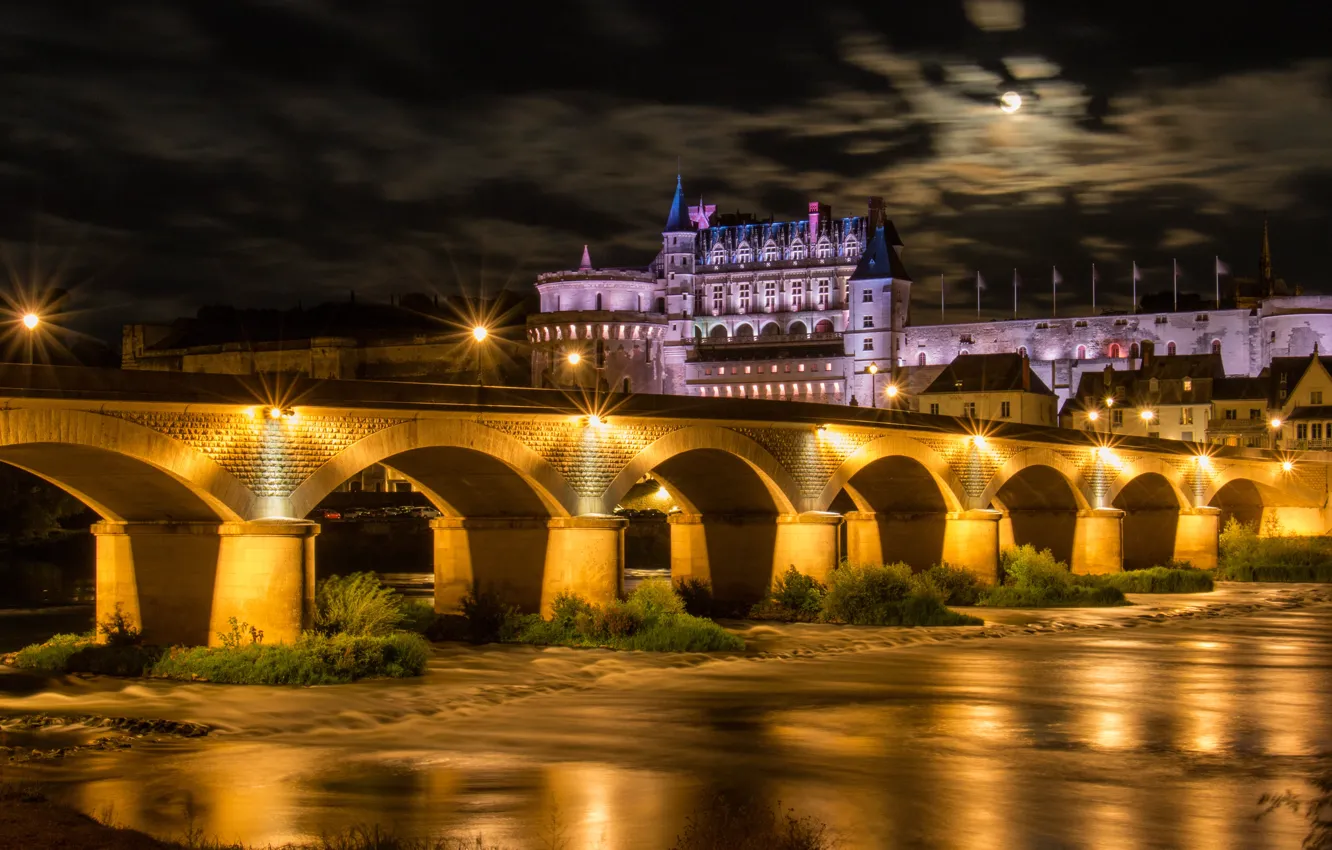 Photo wallpaper night, bridge, the city, river, castle, France, lighting, Loire