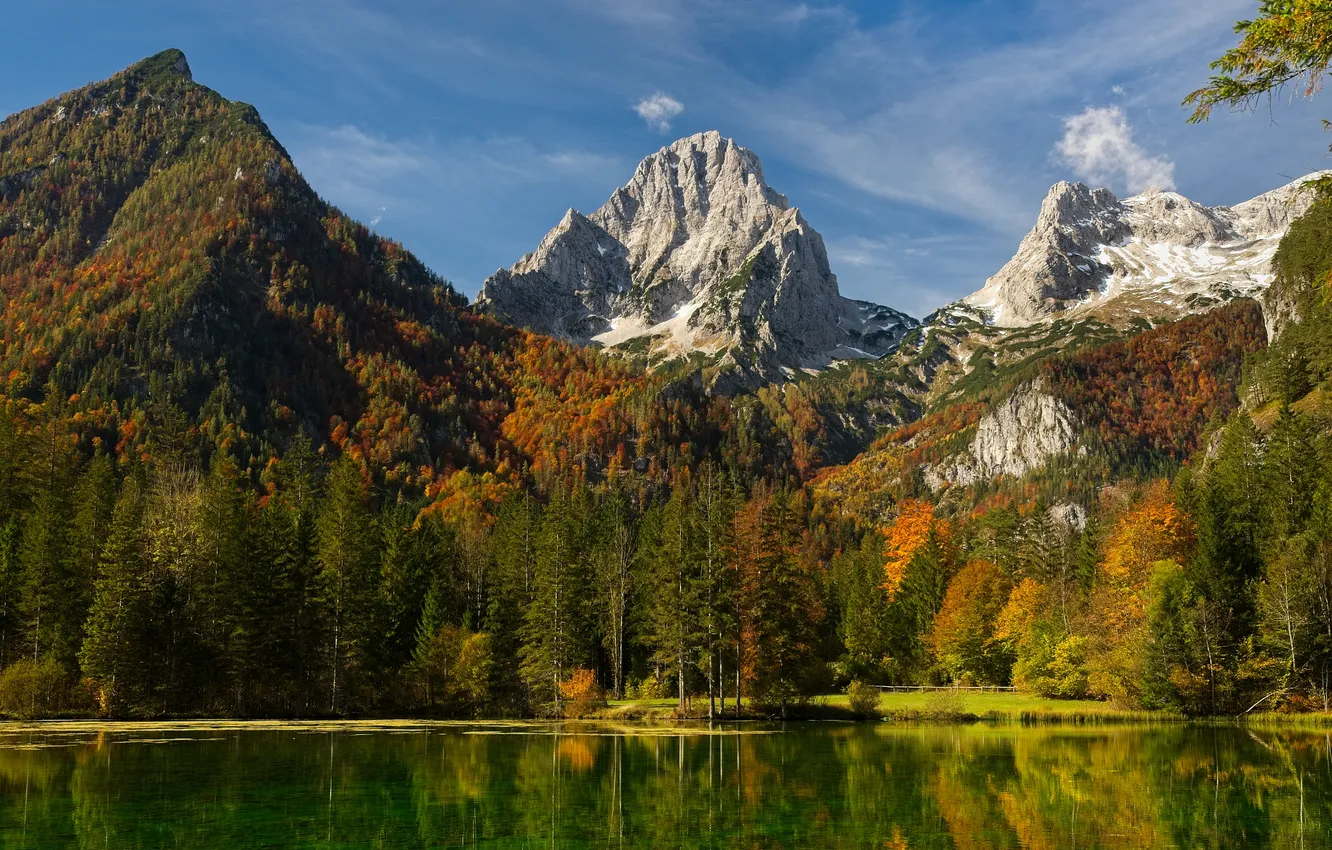 Photo wallpaper autumn, forest, light, trees, mountains, lake, reflection, blue