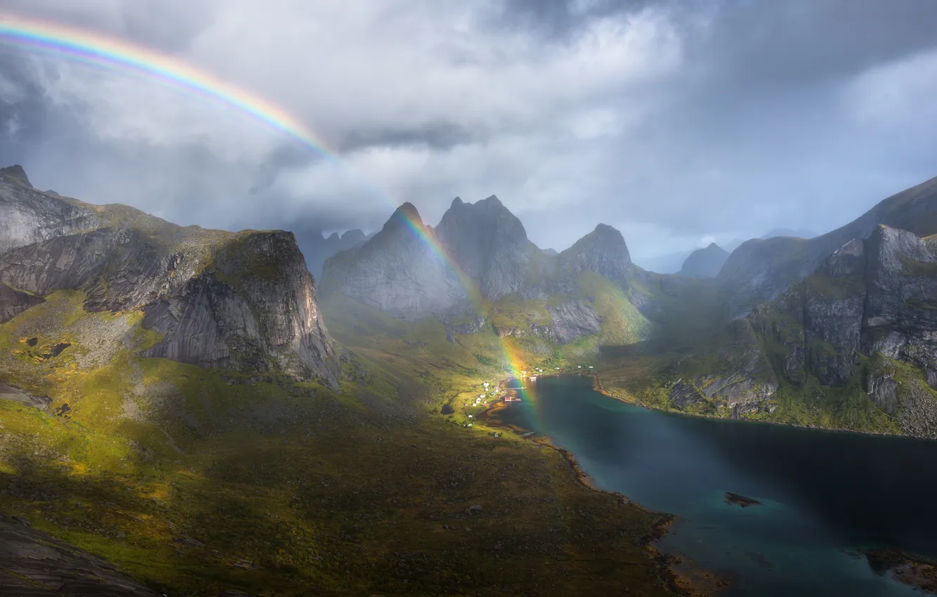 Photo wallpaper shore, house, rainbow, morning, mountains, haze, rocks, height
