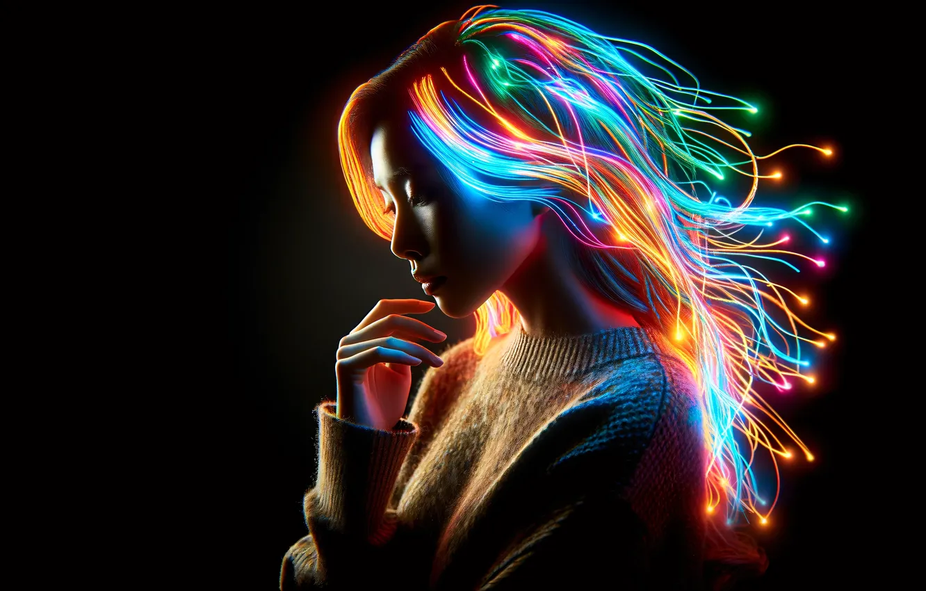 Photo wallpaper girl, glow, Neon, face, hair, AMOLED, AI Art