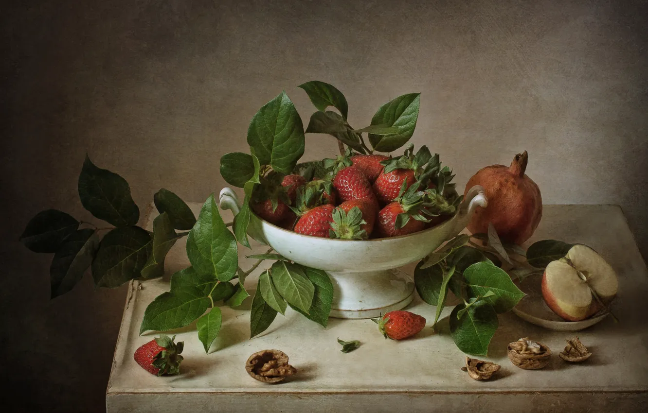 Photo wallpaper leaves, berries, Apple, strawberry, still life, garnet, walnuts