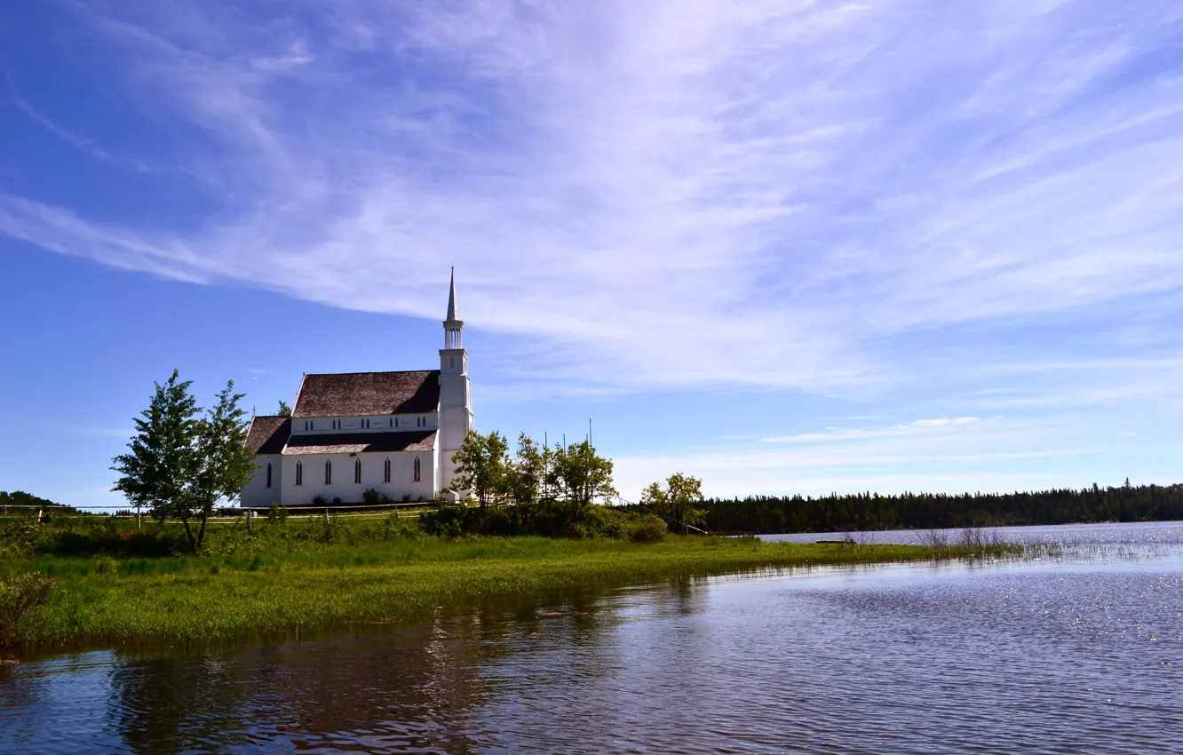 Photo wallpaper forest, river, chapel