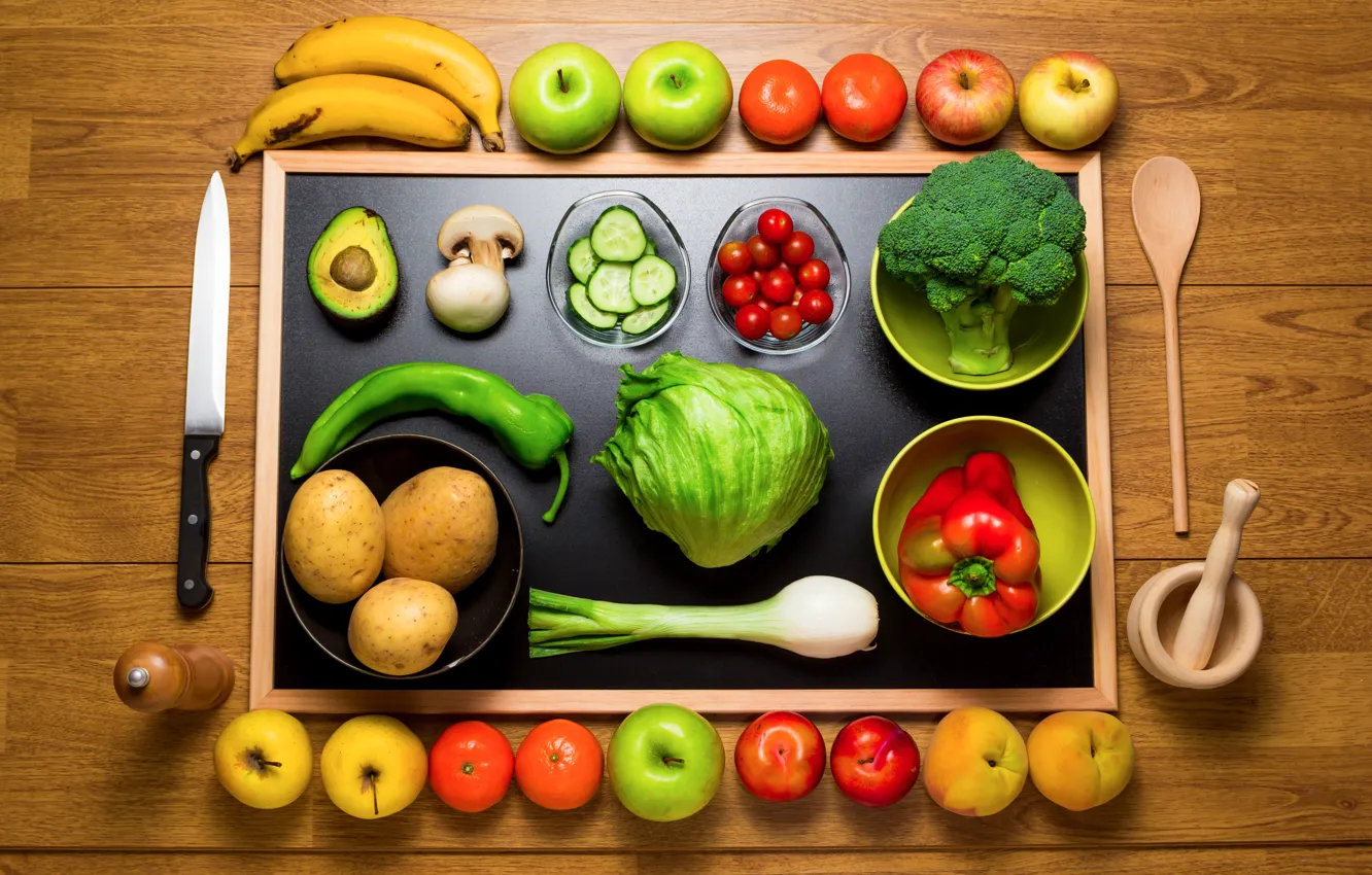 Photo wallpaper apples, mushrooms, bow, spoon, knife, bananas, pepper, fruit
