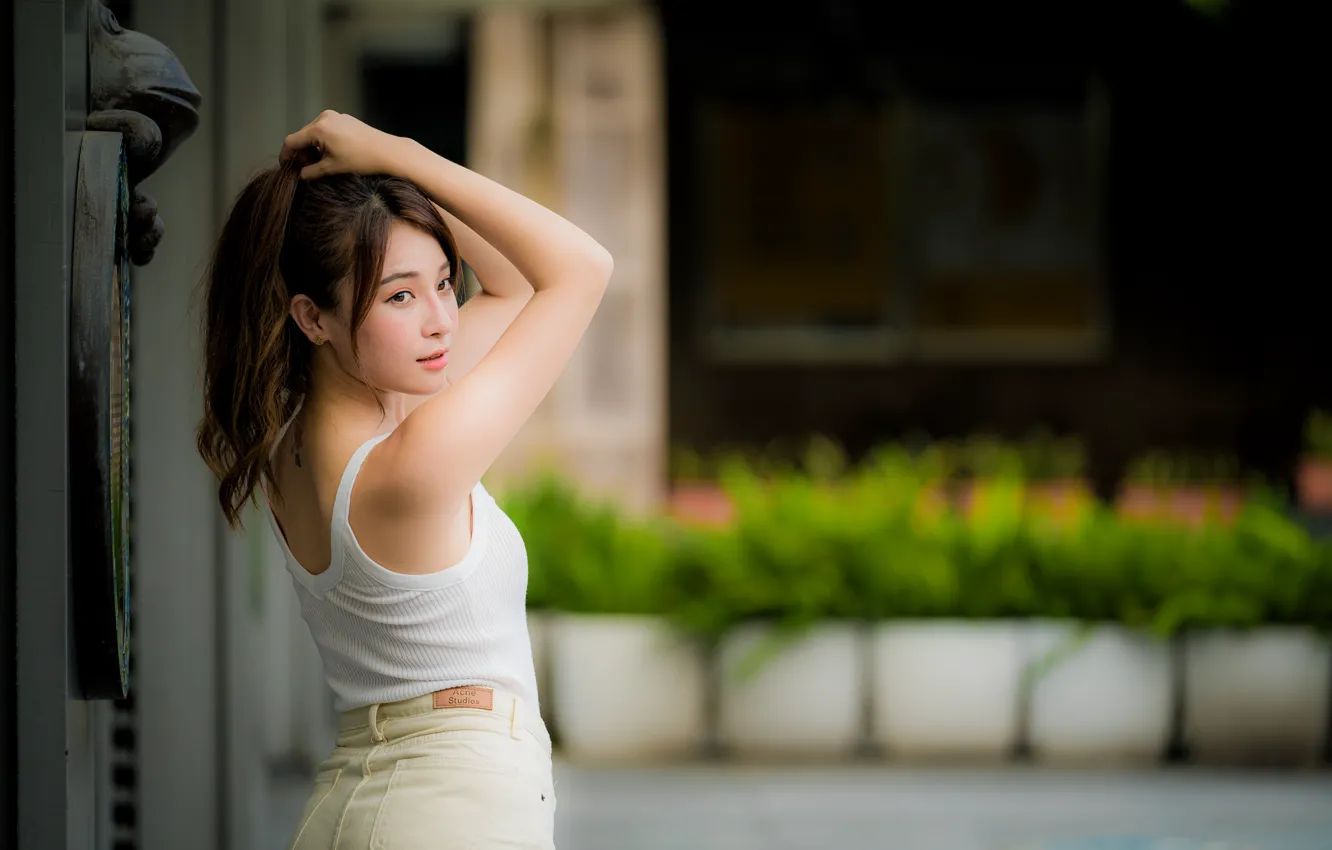 Photo wallpaper girl, pose, Asian, cutie, bokeh