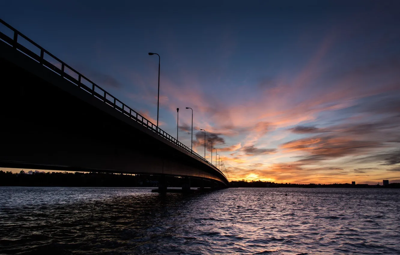Photo wallpaper sea, wave, the sky, water, the sun, clouds, sunset, bridge