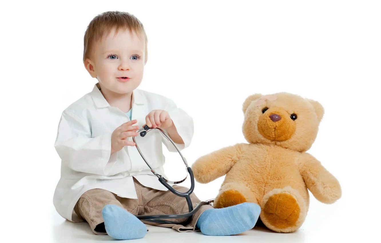 Photo wallpaper boy, bear, child, Bathrobe, stethoscope, white background, young doctor