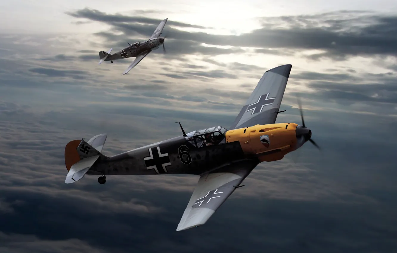 Photo wallpaper the sky, clouds, figure, Messerschmitt, aircraft, The second world war, Bf.109, Messerschmitt