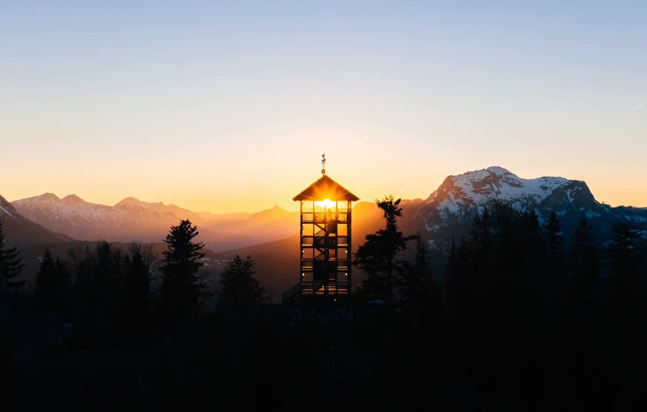 Photo wallpaper light, morning, tower, Austria, Salzkammgergut