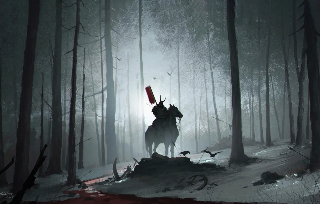 Photo wallpaper Night, Trees, Forest, Horse, Warrior, Samurai, Warrior, Night