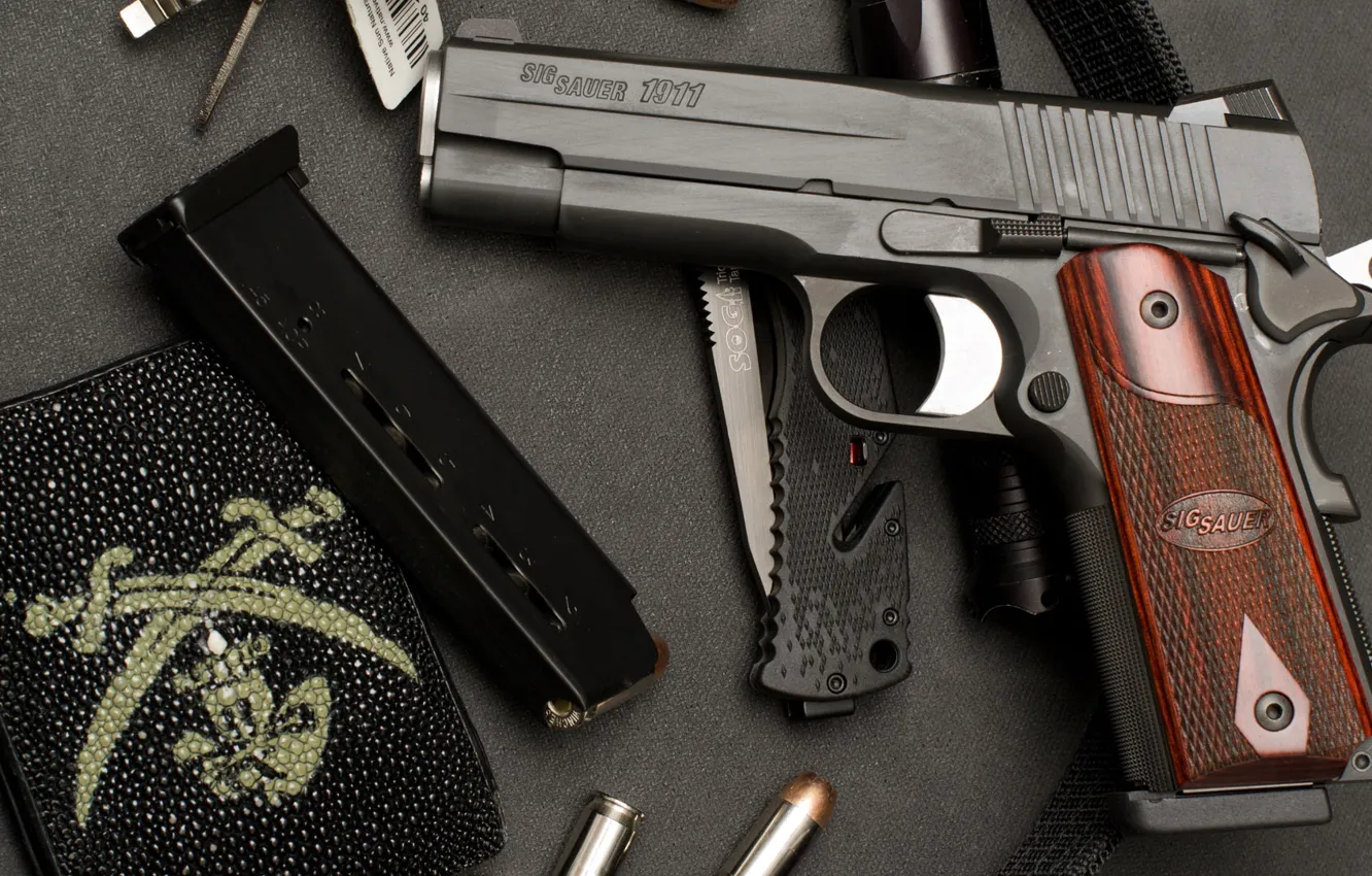 Photo wallpaper gun, 1911, Sig Sauer, Emerson Stingray wallet, Nitron