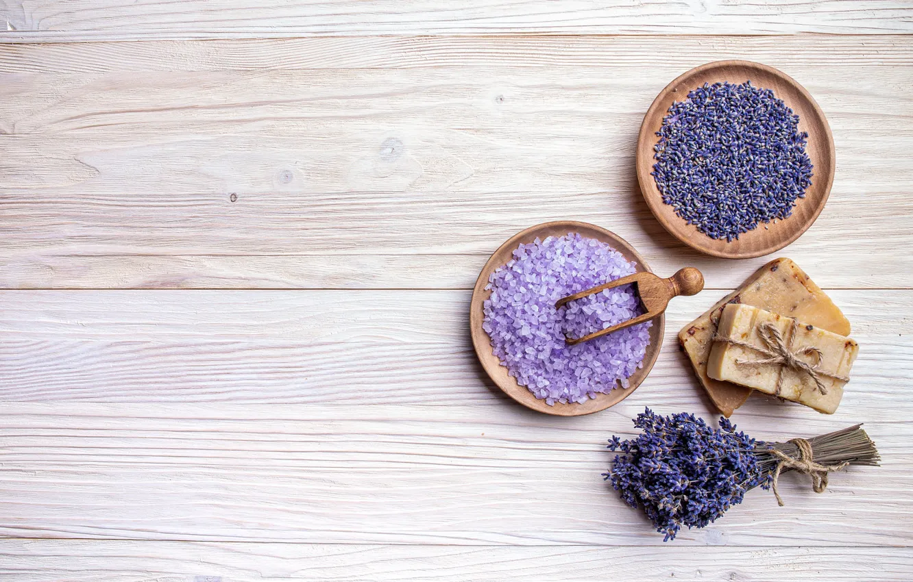 Photo wallpaper bowl, a bunch, lavender, flowers, sea salt, composition, lavender, soap