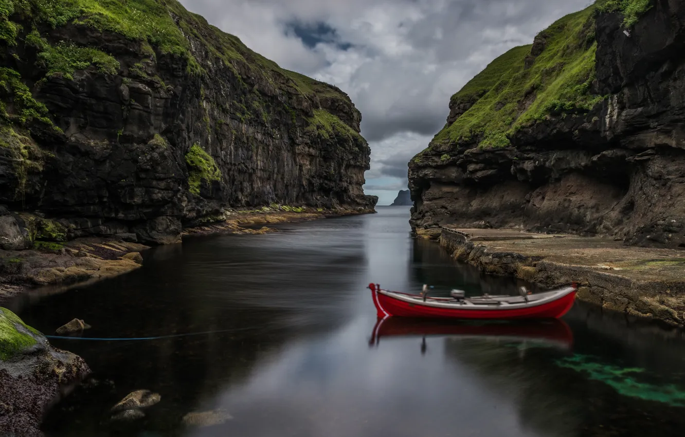 Photo wallpaper mountains, rocks, shore, boat, pond, bokeh