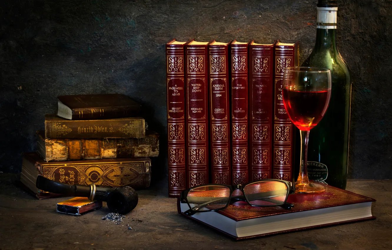 Photo wallpaper glass, bottle, tube, glasses, book, A relaxing evening