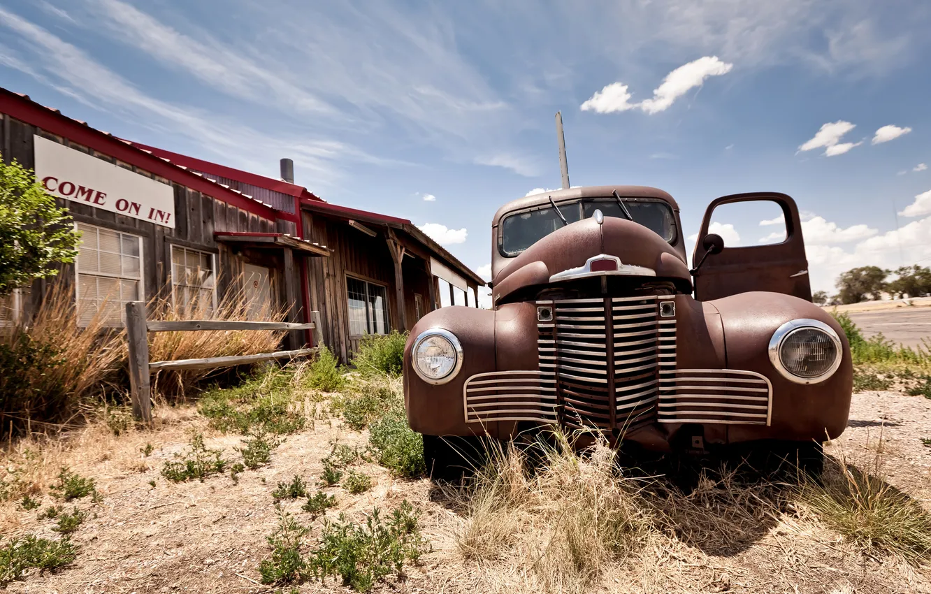 Photo wallpaper road, car, grass, clouds, retro, grass, car, road