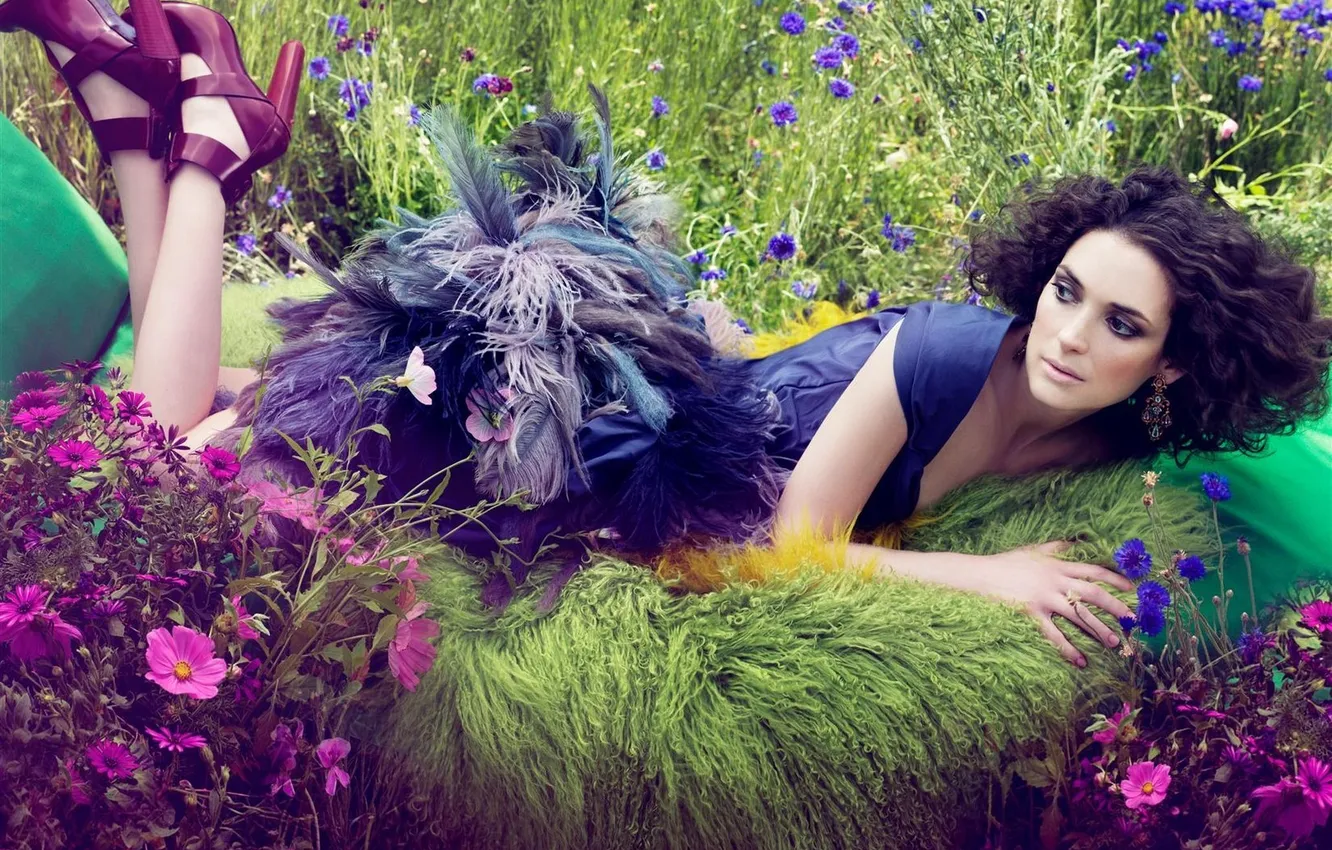 Photo wallpaper field, grass, flowers, feathers, actress, shoes, fur, cornflowers