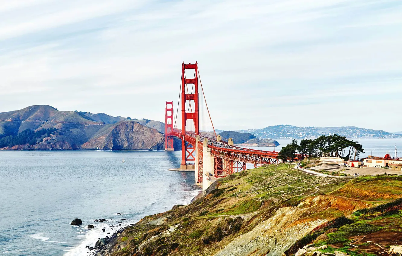 Photo wallpaper the sky, clouds, sailboat, CA, San Francisco, Golden Gate, solar, Bay Bridge