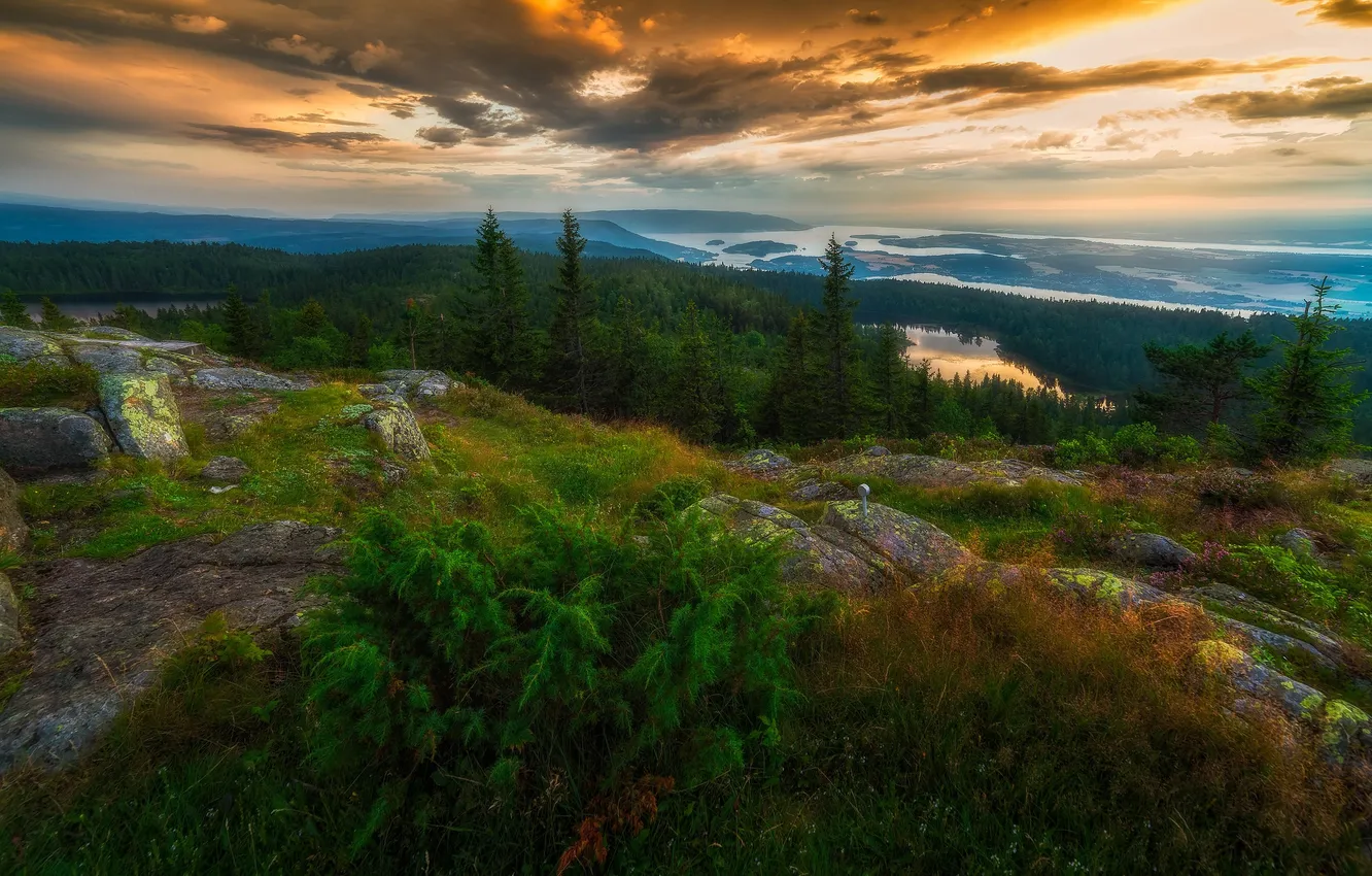 Photo wallpaper sunset, mountains, river