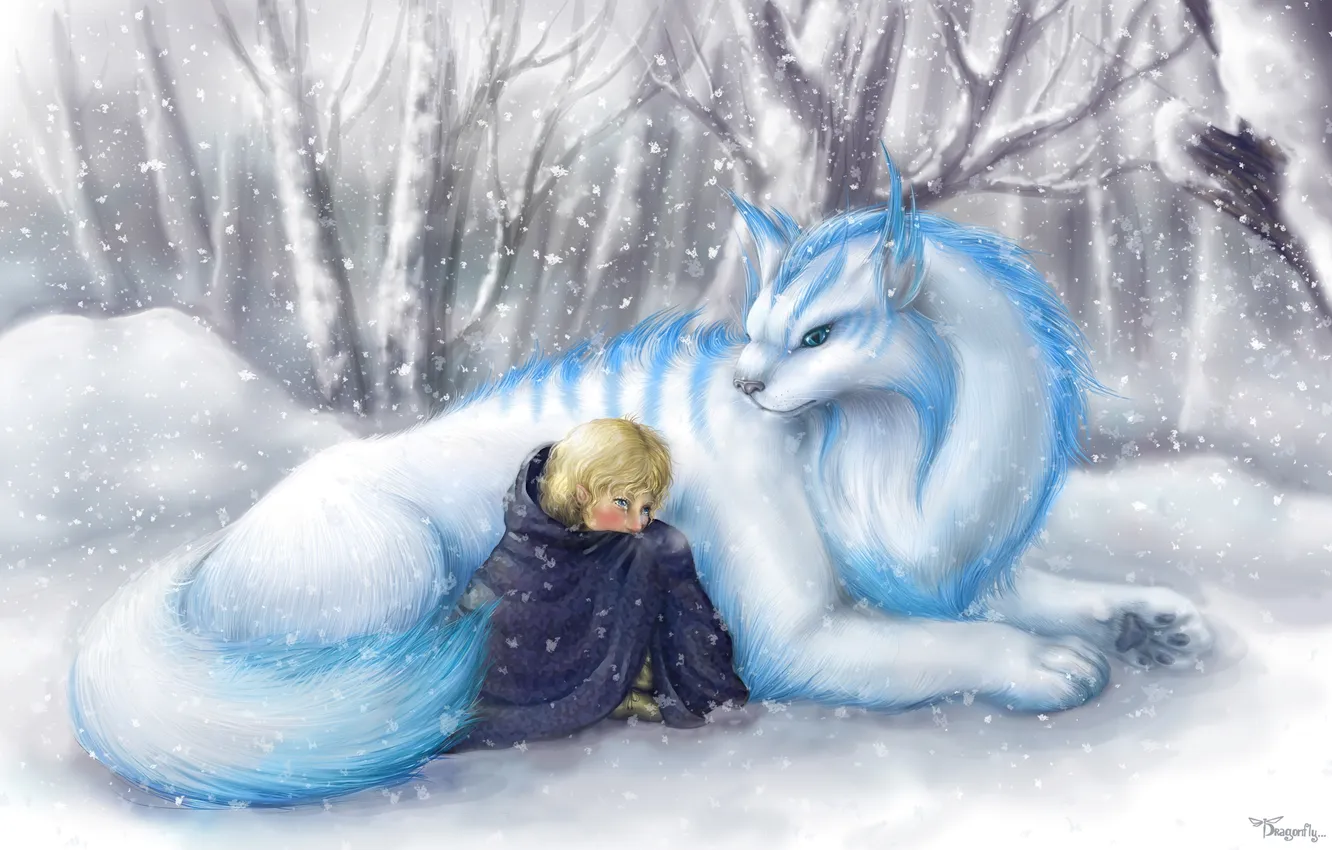 Photo wallpaper winter, forest, snow, trees, branches, children, wool, beast