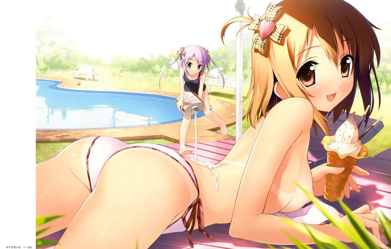 Photo wallpaper pool, chaise, ice cream, girl, tans, big eyes, familiar, in bikini