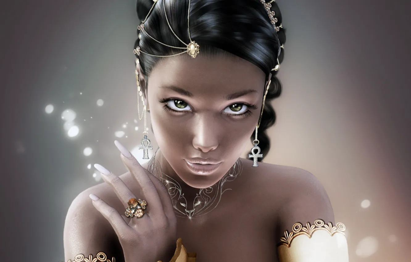 Photo wallpaper look, girl, decoration, face, hair, hand, earrings, ring