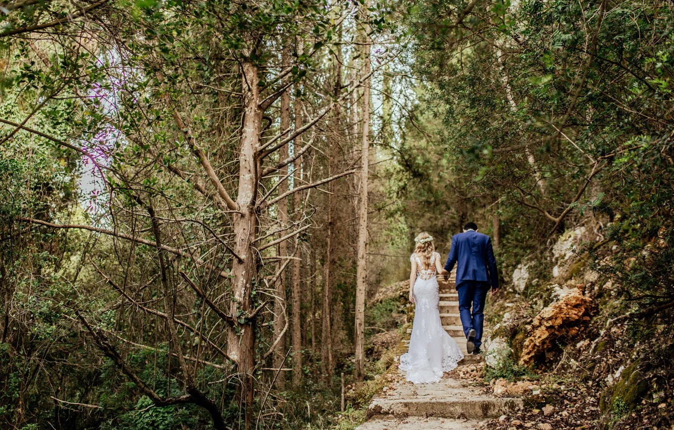 Photo wallpaper girl, nature, photo, dress, male, lovers, the bride