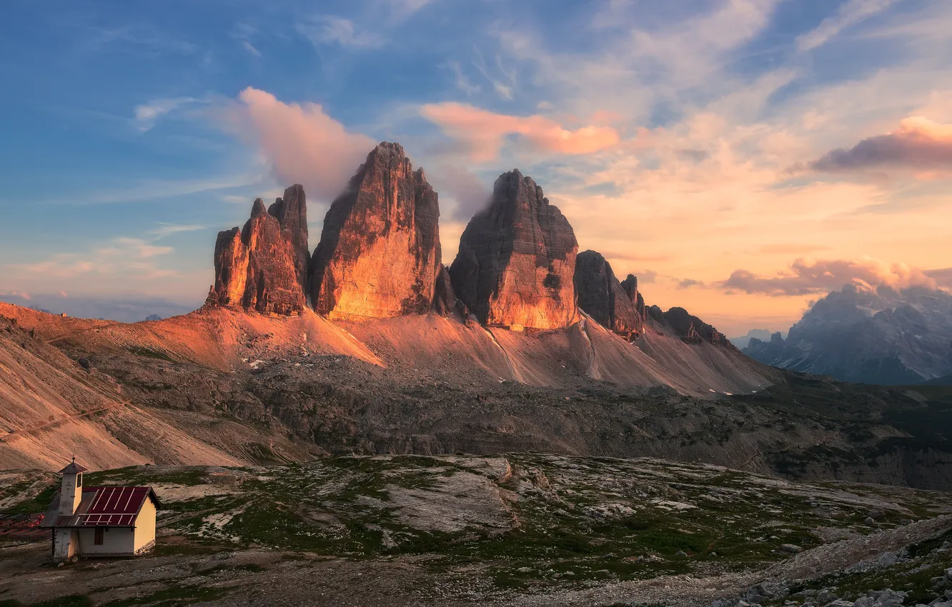 Photo wallpaper clouds, light, mountains, blue, stones, rocks, morning, slope