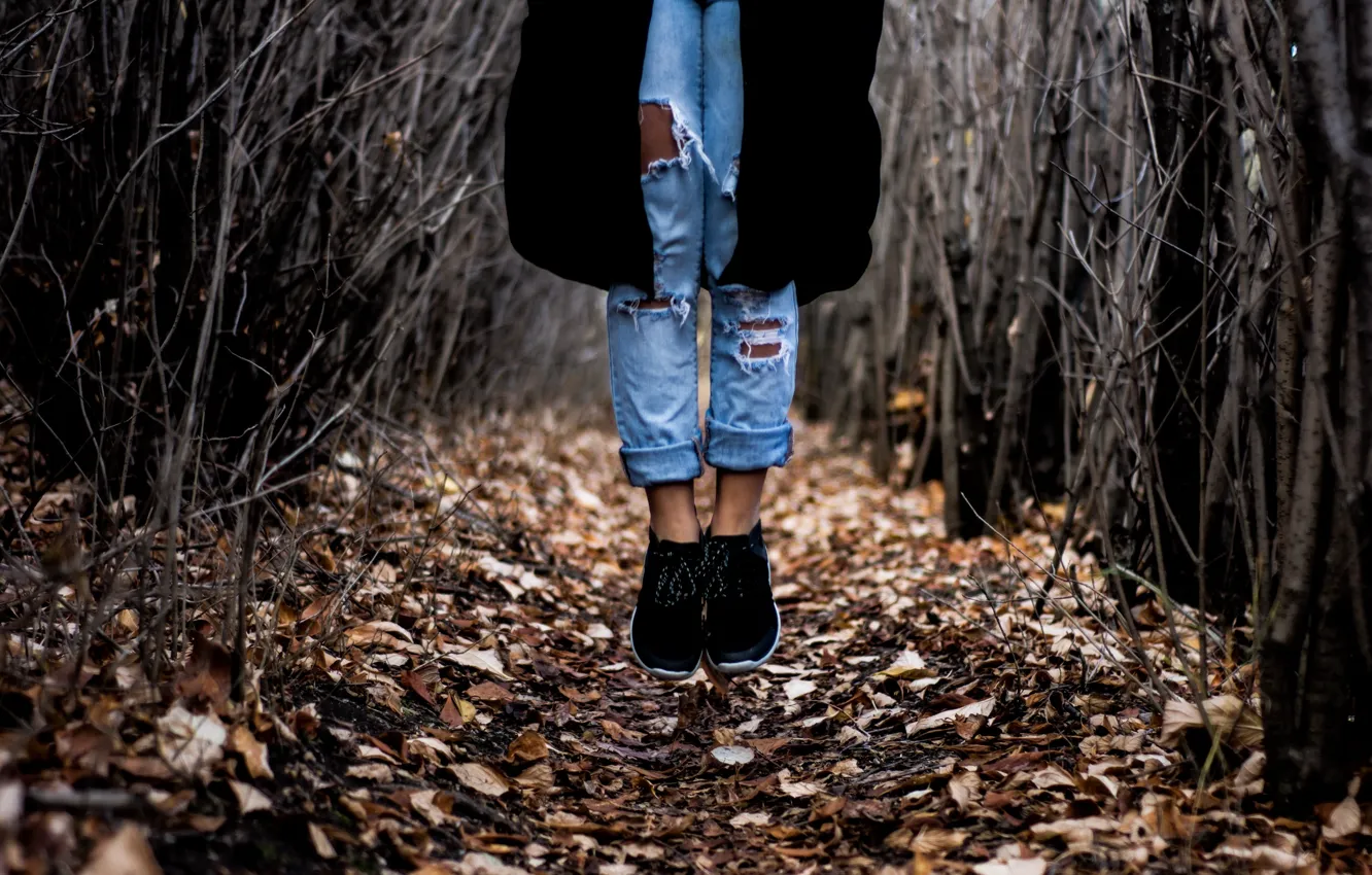 Photo wallpaper girl, Canada, legs, woman, autumn, bokeh, jeans, shoes