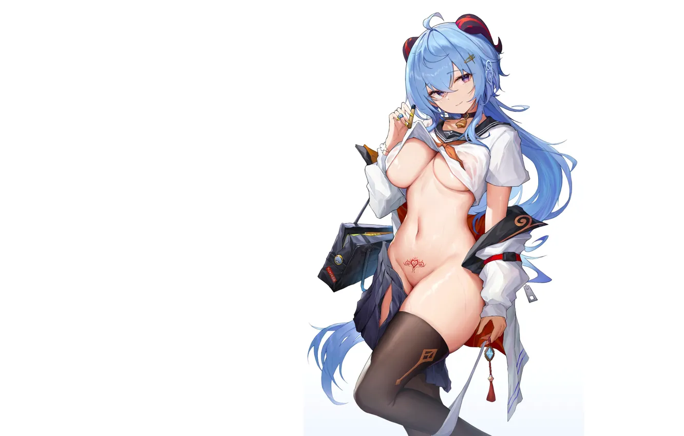 Photo wallpaper girl, hot, sexy, horns, boobs, blue, anime, pretty