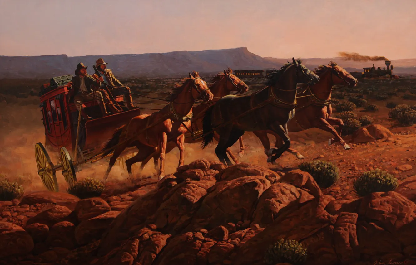 Photo wallpaper the sky, landscape, mountains, horse, train, the engine, picture, cars