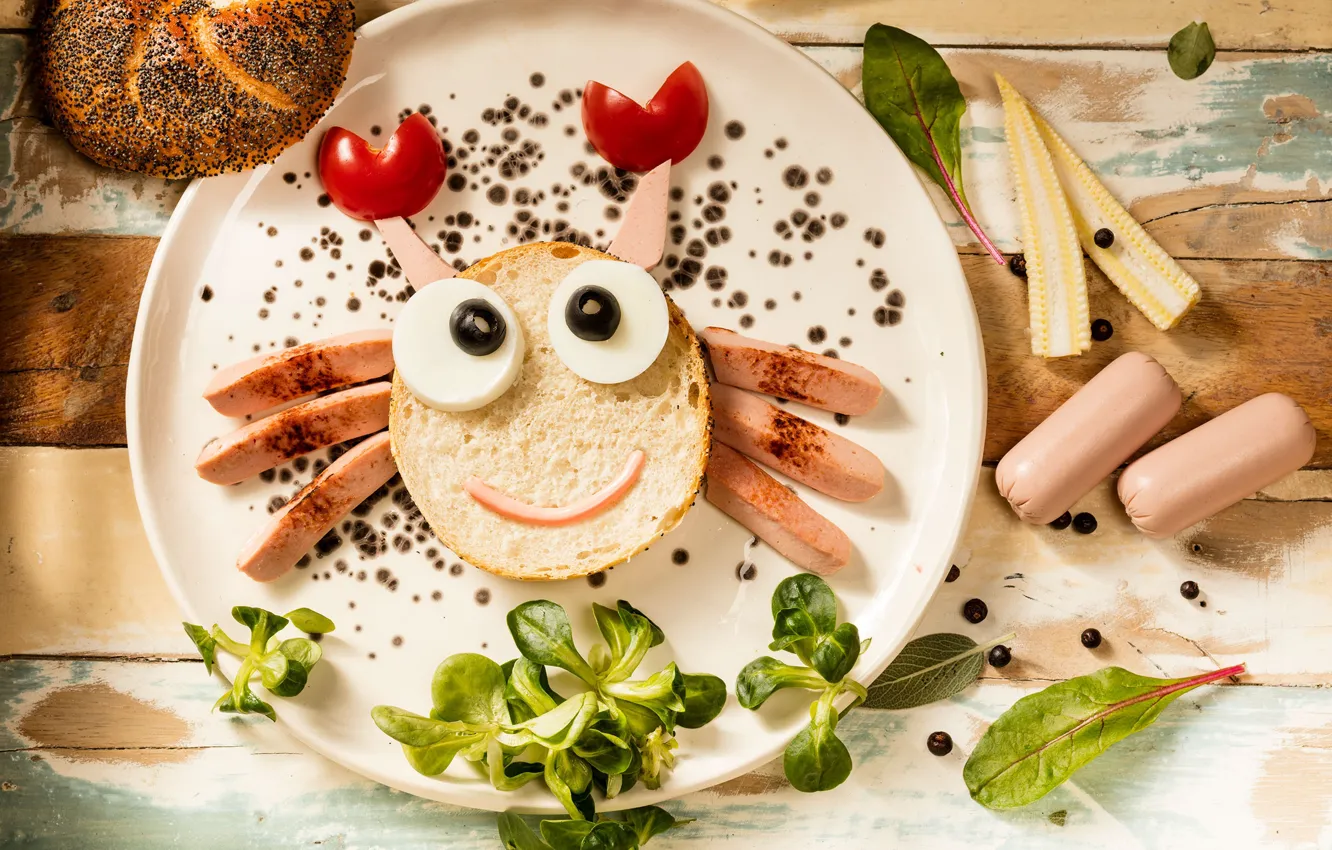 Photo wallpaper greens, creative, crab, sausage, bread, olives