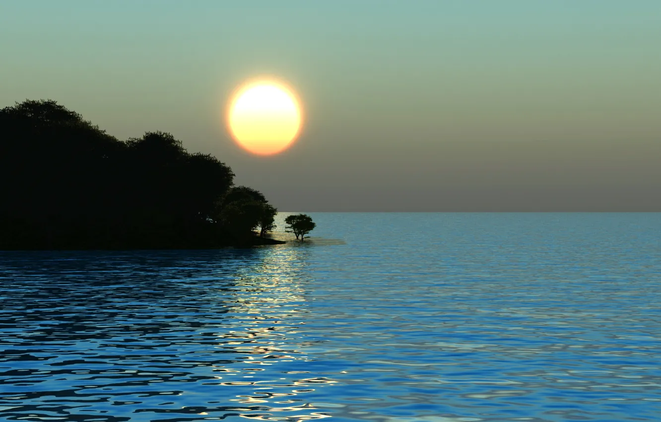 Photo wallpaper sea, the sun, trees, sunrise, shore, morning