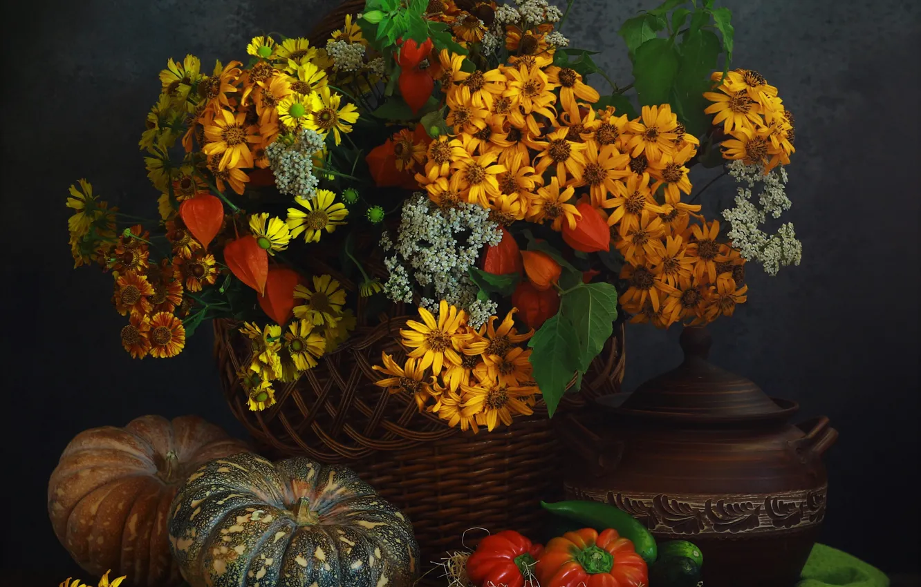 Photo wallpaper flowers, table, bouquet, yellow, pumpkin, pot, pan, pepper